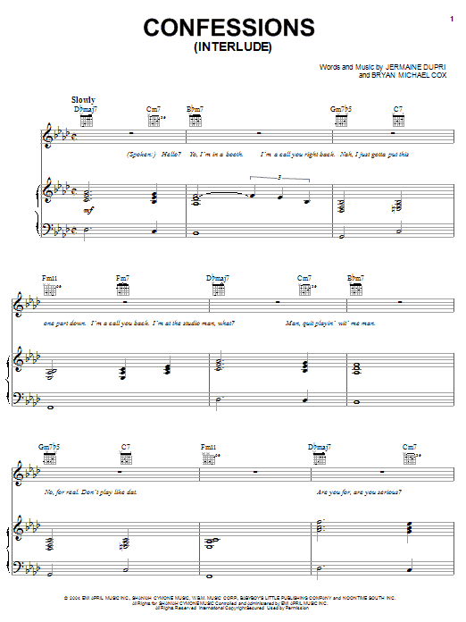 Usher Confessions (Interlude) Sheet Music Notes & Chords for Piano, Vocal & Guitar (Right-Hand Melody) - Download or Print PDF