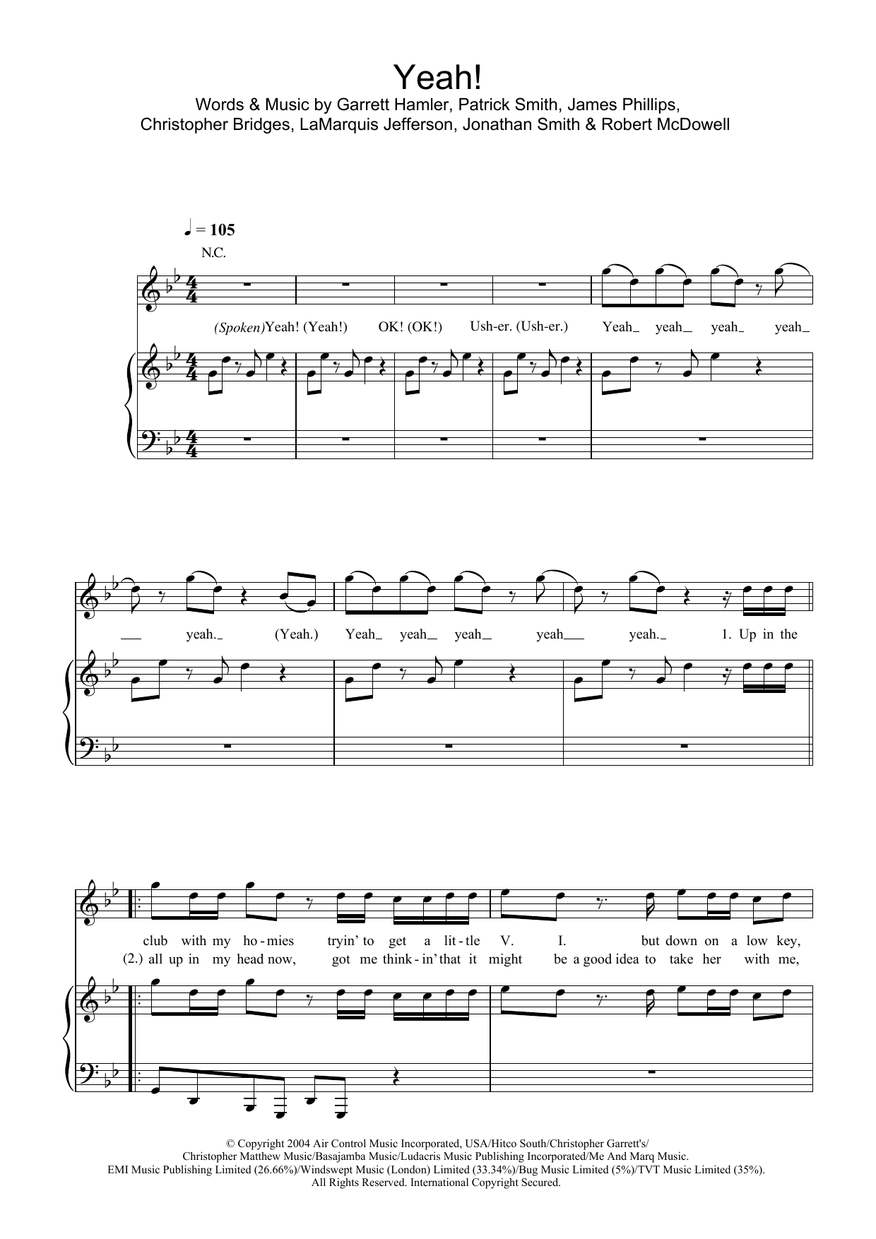 Usher Yeah! Sheet Music Notes & Chords for Piano, Vocal & Guitar (Right-Hand Melody) - Download or Print PDF