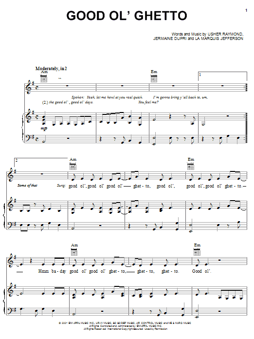 Usher Good Ol' Ghetto Sheet Music Notes & Chords for Piano, Vocal & Guitar (Right-Hand Melody) - Download or Print PDF