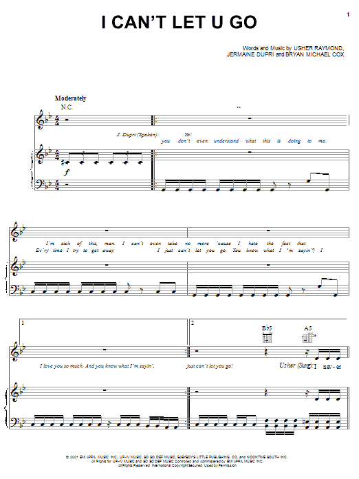 Usher I Can't Let U Go Sheet Music Notes & Chords for Piano, Vocal & Guitar (Right-Hand Melody) - Download or Print PDF