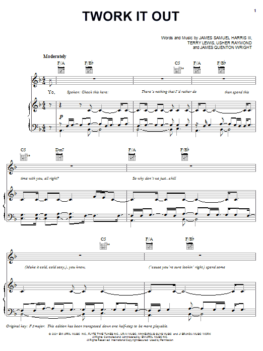 Usher Twork It Out Sheet Music Notes & Chords for Piano, Vocal & Guitar (Right-Hand Melody) - Download or Print PDF