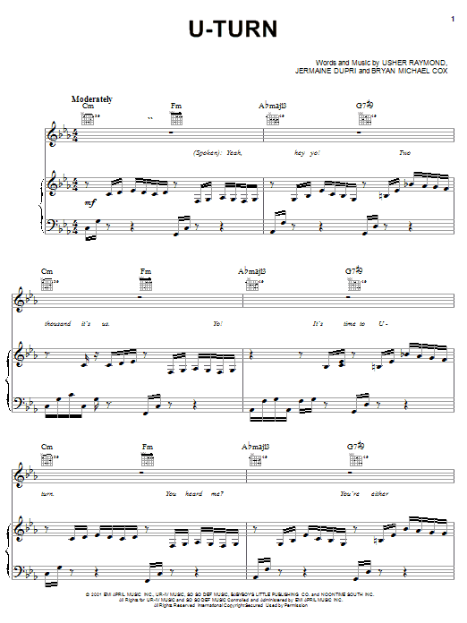 Usher U-Turn Sheet Music Notes & Chords for Piano, Vocal & Guitar (Right-Hand Melody) - Download or Print PDF