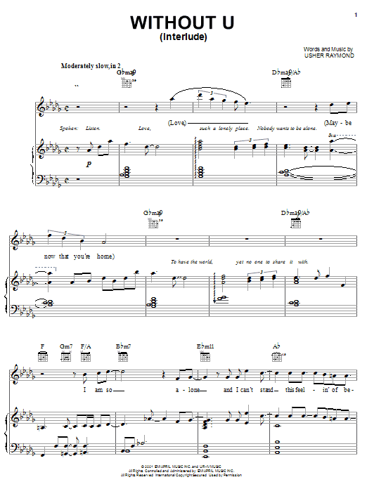 Usher Without U (Interlude) Sheet Music Notes & Chords for Piano, Vocal & Guitar (Right-Hand Melody) - Download or Print PDF