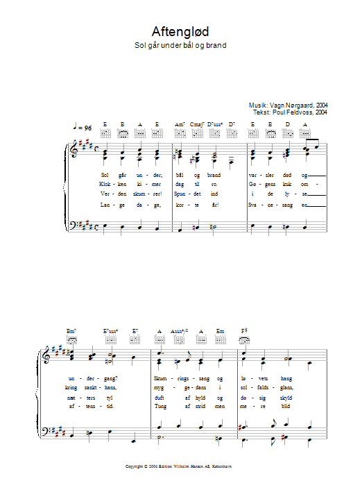 Vagn Nørgaard Aftenglød - Sol Går Under Bål Og Brand Sheet Music Notes & Chords for Piano, Vocal & Guitar (Right-Hand Melody) - Download or Print PDF