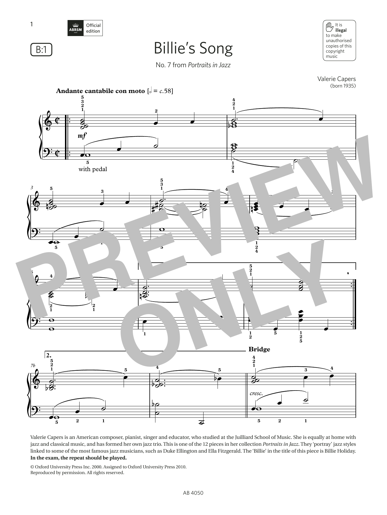 Valerie Capers Billie's Song (Grade 4, list B1, from the ABRSM Piano Syllabus 2023 & 2024) Sheet Music Notes & Chords for Piano Solo - Download or Print PDF