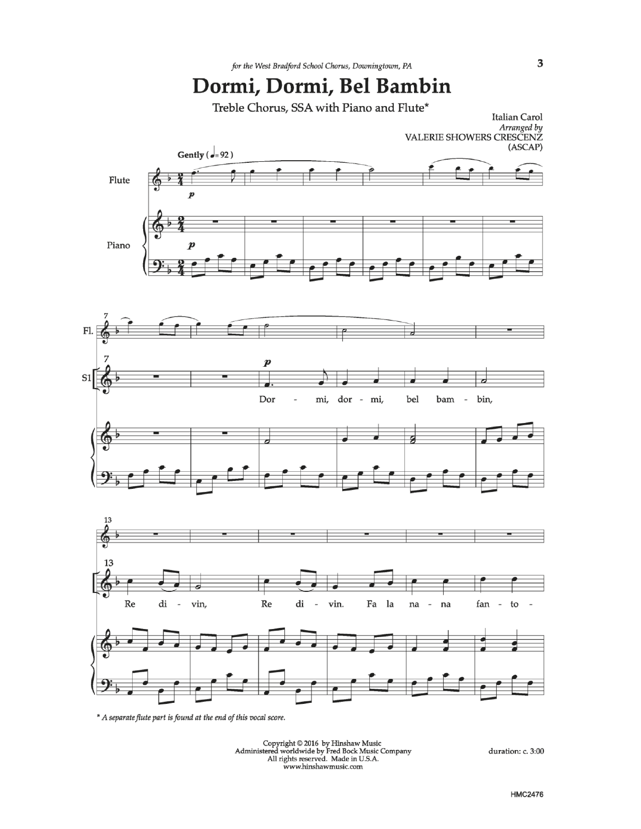 Valerie Showers Crescenz Dormi, Dormi, Bel Bambin Sheet Music Notes & Chords for SSA Choir - Download or Print PDF