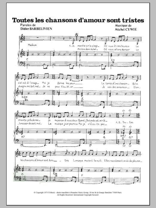 Valery Francois Toutes Les Chansons D'amour Sont Tristes Sheet Music Notes & Chords for Piano & Vocal - Download or Print PDF