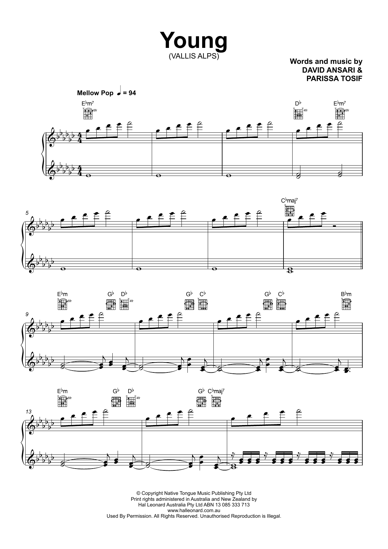 Vallis Alps Young Sheet Music Notes & Chords for Piano, Vocal & Guitar (Right-Hand Melody) - Download or Print PDF