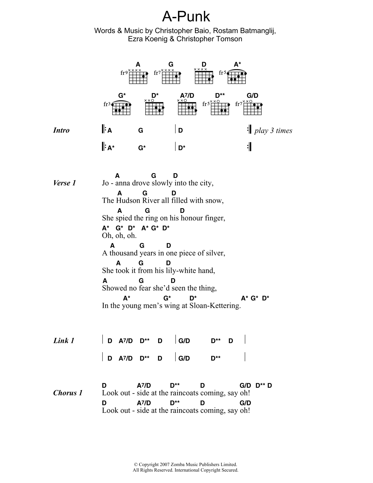 Vampire Weekend A-Punk Sheet Music Notes & Chords for Lyrics & Chords - Download or Print PDF