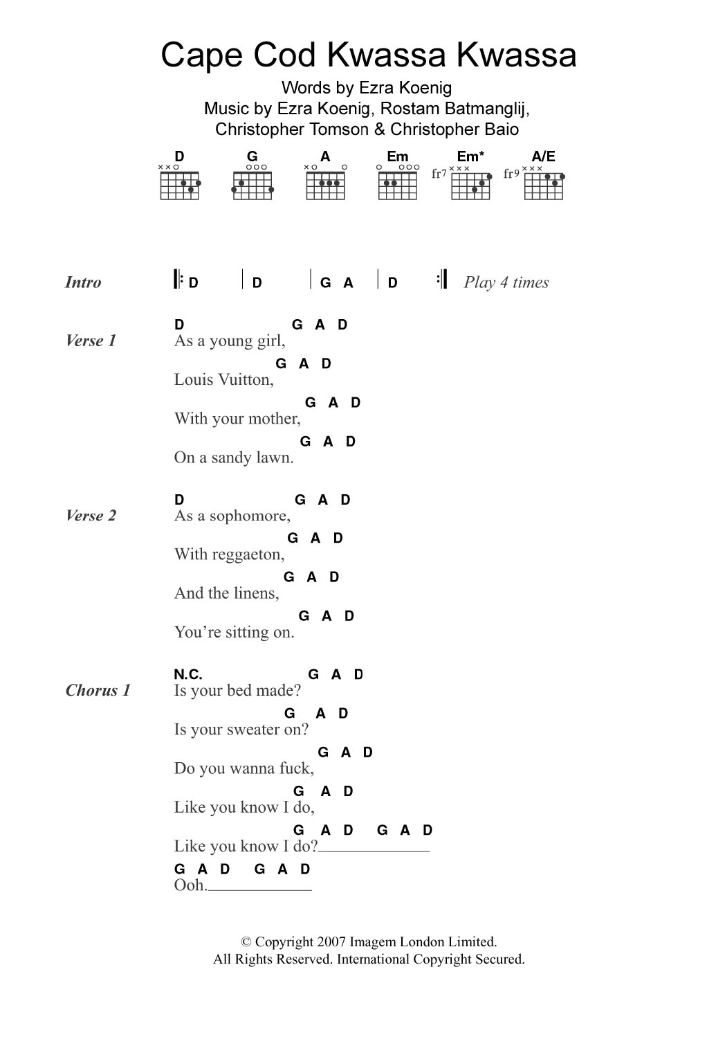 Vampire Weekend Cape Cod Kwassa Kwassa Sheet Music Notes & Chords for Lyrics & Chords - Download or Print PDF