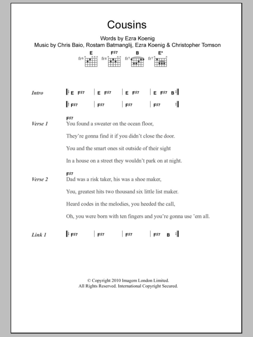 Vampire Weekend Cousins Sheet Music Notes & Chords for Lyrics & Chords - Download or Print PDF