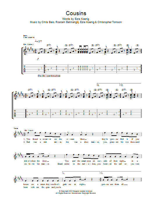 Vampire Weekend Cousins Sheet Music Notes & Chords for Guitar Tab - Download or Print PDF