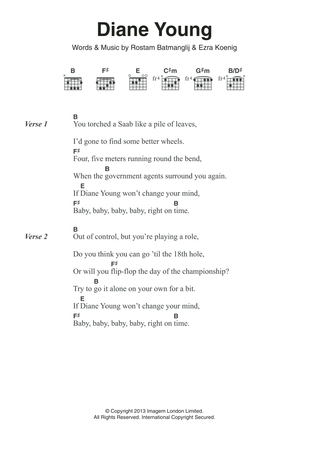 Vampire Weekend Diane Young Sheet Music Notes & Chords for Lyrics & Chords - Download or Print PDF