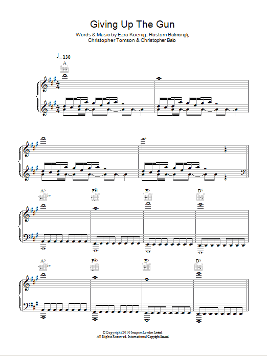 Vampire Weekend Giving Up The Gun Sheet Music Notes & Chords for Piano, Vocal & Guitar (Right-Hand Melody) - Download or Print PDF