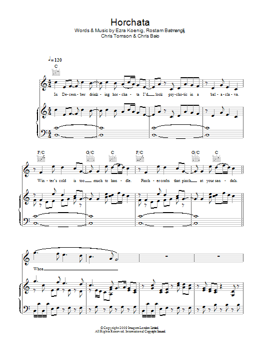 Vampire Weekend Horchata Sheet Music Notes & Chords for Piano, Vocal & Guitar (Right-Hand Melody) - Download or Print PDF