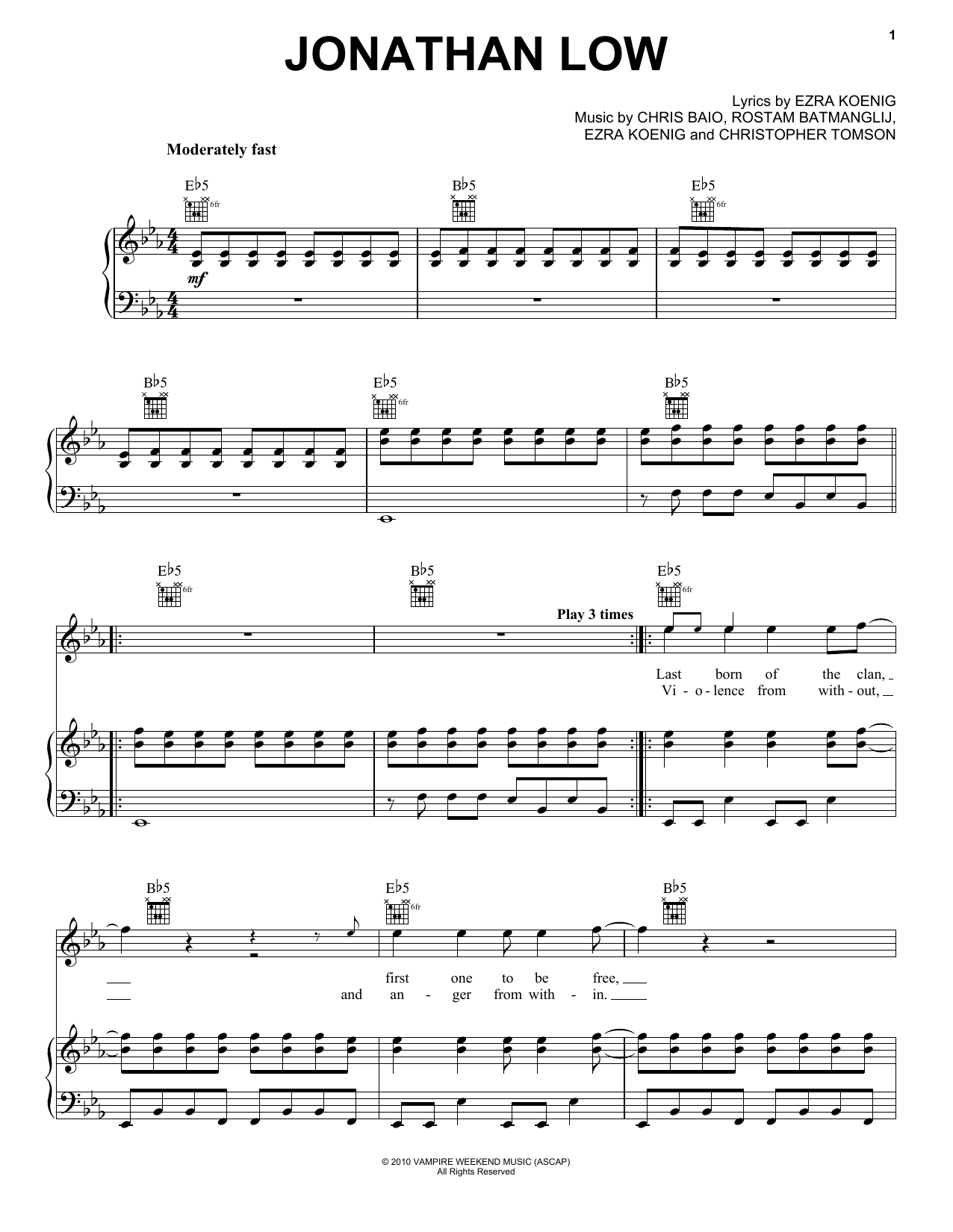 Vampire Weekend Jonathan Low (from The Twilight Saga: Eclipse) Sheet Music Notes & Chords for Piano, Vocal & Guitar (Right-Hand Melody) - Download or Print PDF