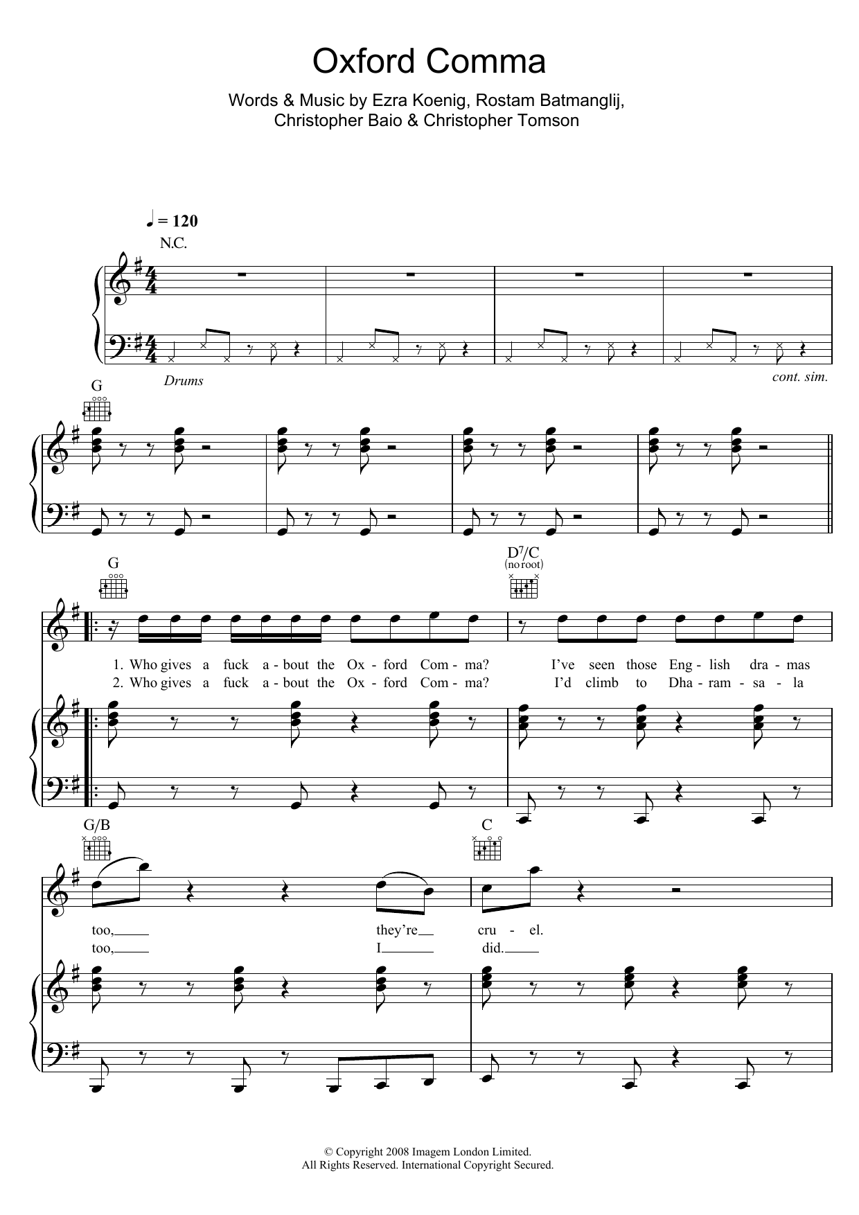 Vampire Weekend Oxford Comma Sheet Music Notes & Chords for Piano, Vocal & Guitar - Download or Print PDF