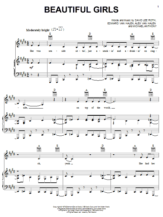 Van Halen Beautiful Girls Sheet Music Notes & Chords for Piano, Vocal & Guitar (Right-Hand Melody) - Download or Print PDF