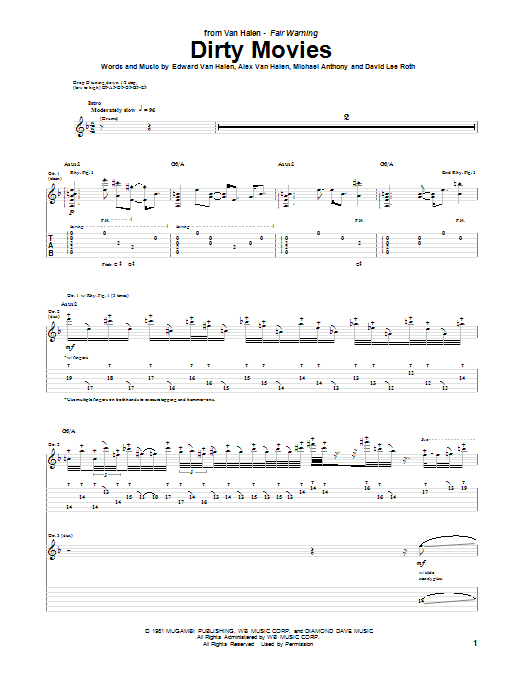 Van Halen Dirty Movies Sheet Music Notes & Chords for Guitar Tab - Download or Print PDF