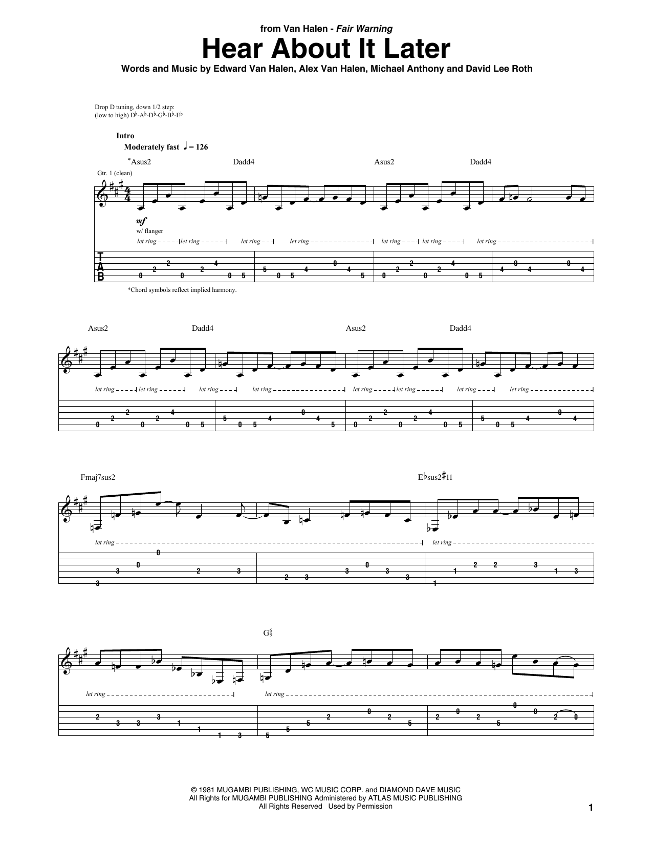 Van Halen Hear About It Later Sheet Music Notes & Chords for Guitar Tab - Download or Print PDF