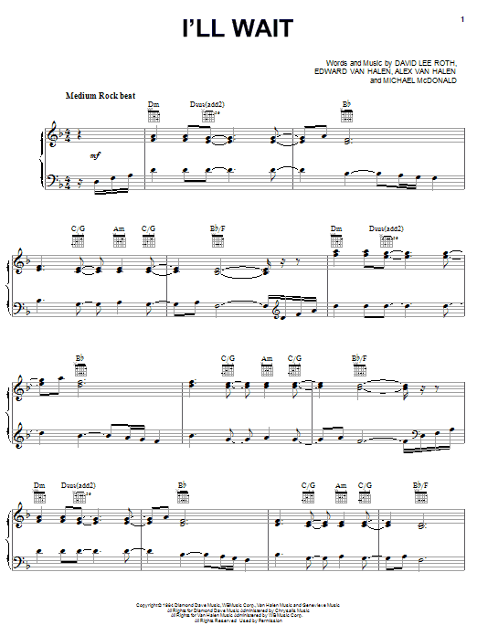 Van Halen I'll Wait Sheet Music Notes & Chords for Piano, Vocal & Guitar (Right-Hand Melody) - Download or Print PDF