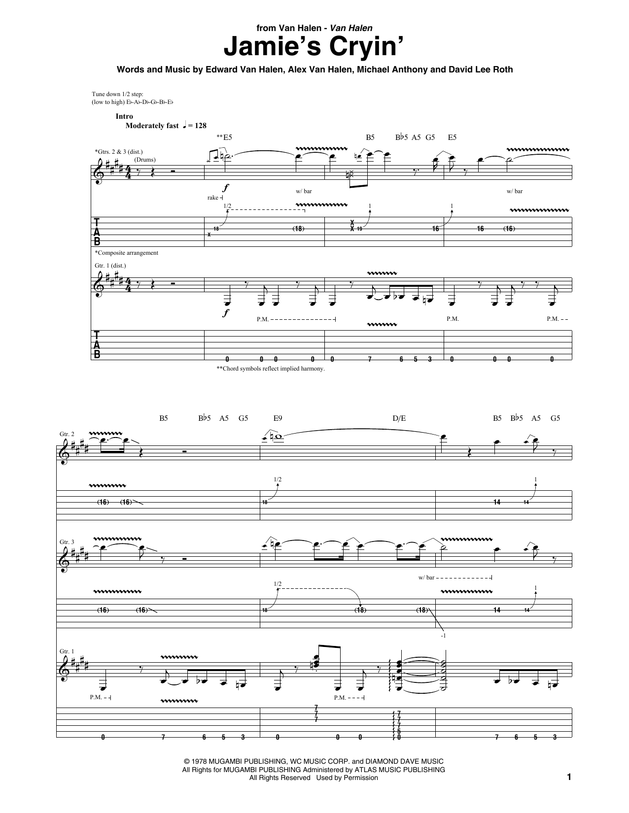 Van Halen Jamie's Cryin' Sheet Music Notes & Chords for Easy Guitar Tab - Download or Print PDF