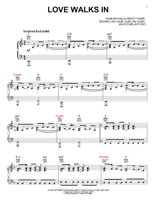 Van Halen Love Walks In Sheet Music Notes & Chords for Piano, Vocal & Guitar (Right-Hand Melody) - Download or Print PDF