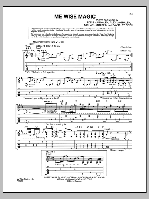 Van Halen Me Wise Magic Sheet Music Notes & Chords for Guitar Tab - Download or Print PDF