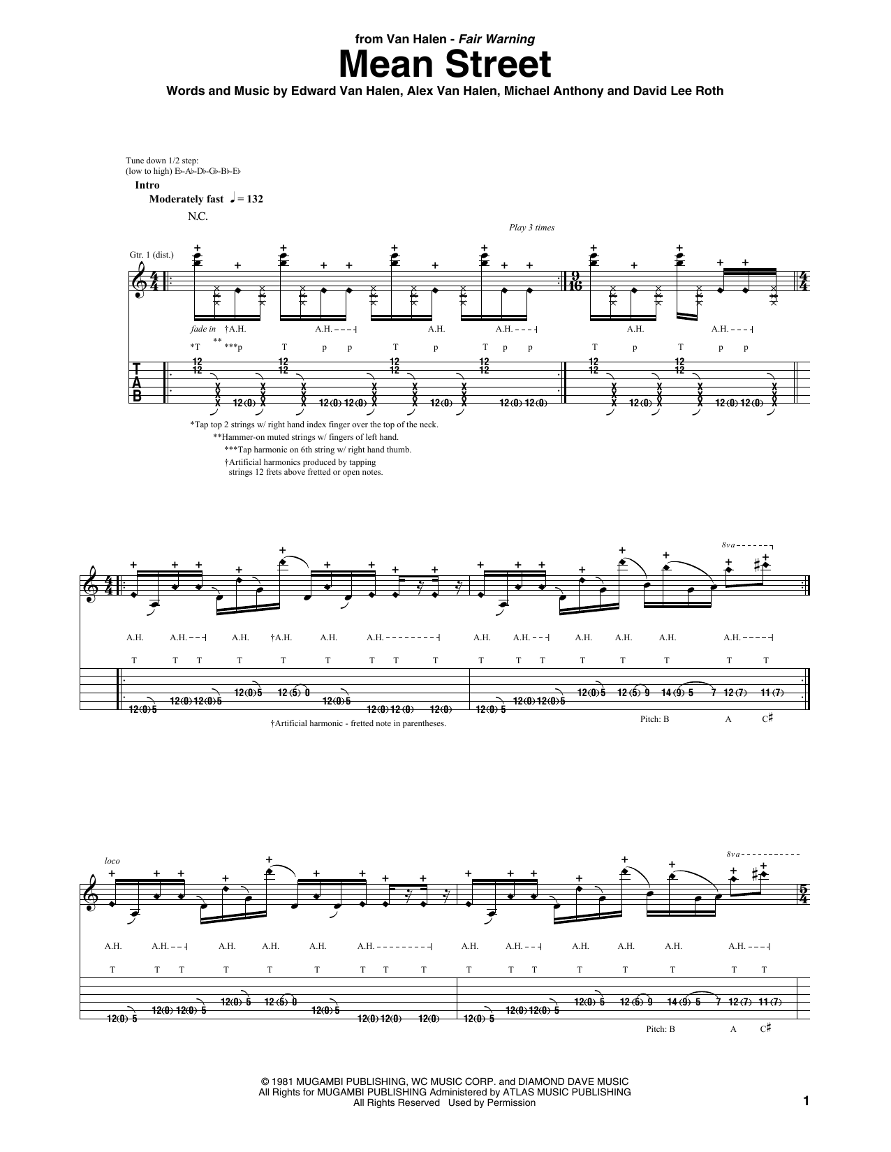 Van Halen Mean Street Sheet Music Notes & Chords for Guitar Tab Play-Along - Download or Print PDF