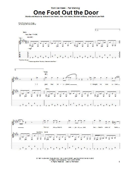 Van Halen One Foot Out The Door Sheet Music Notes & Chords for Guitar Tab - Download or Print PDF