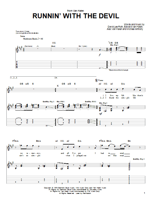 Van Halen Runnin' With The Devil Sheet Music Notes & Chords for Lyrics & Chords - Download or Print PDF