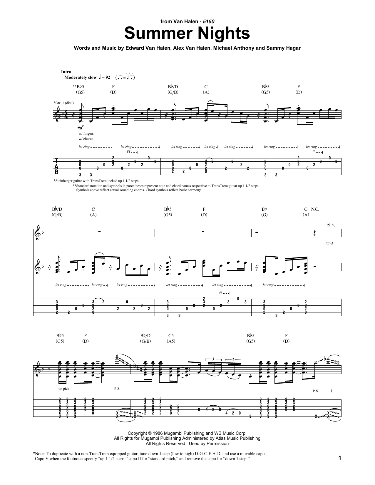 Van Halen Summer Nights Sheet Music Notes & Chords for Guitar Tab - Download or Print PDF