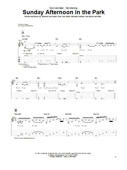 Van Halen Sunday Afternoon In The Park Sheet Music Notes & Chords for Guitar Tab - Download or Print PDF