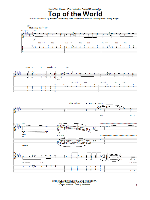 Van Halen Top Of The World Sheet Music Notes & Chords for Guitar Tab Play-Along - Download or Print PDF