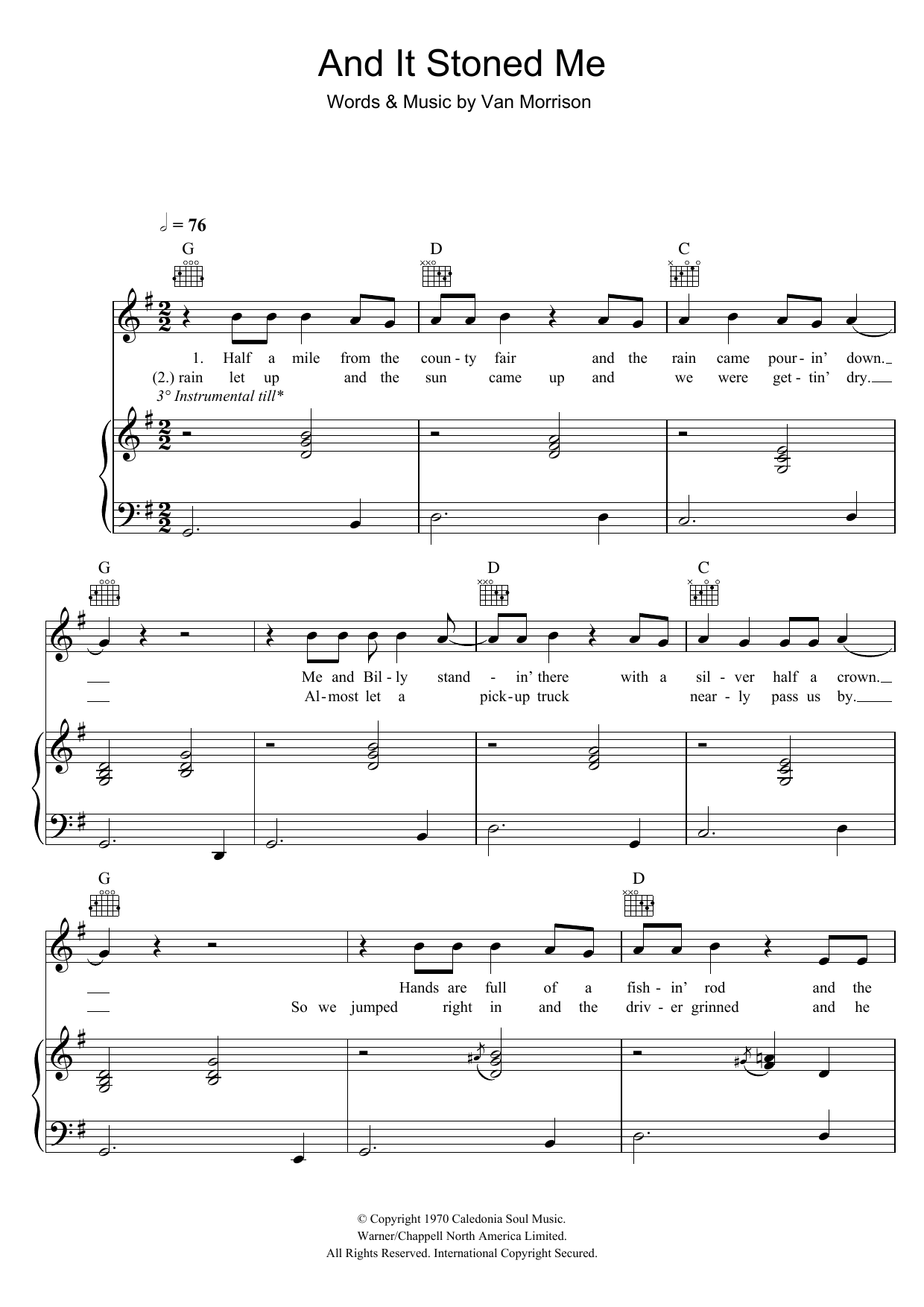 Van Morrison And It Stoned Me Sheet Music Notes & Chords for Piano, Vocal & Guitar - Download or Print PDF