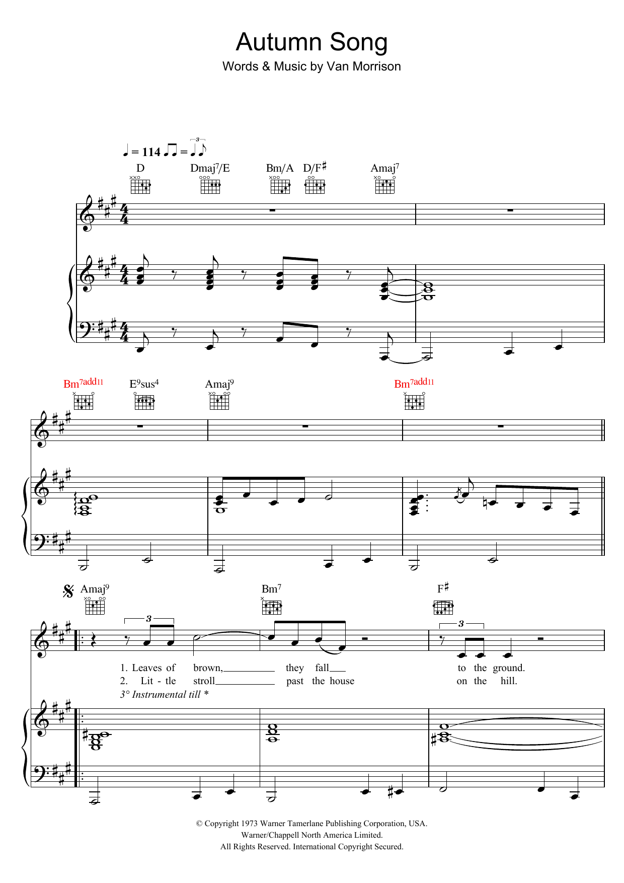 Van Morrison Autumn Song Sheet Music Notes & Chords for Piano, Vocal & Guitar - Download or Print PDF