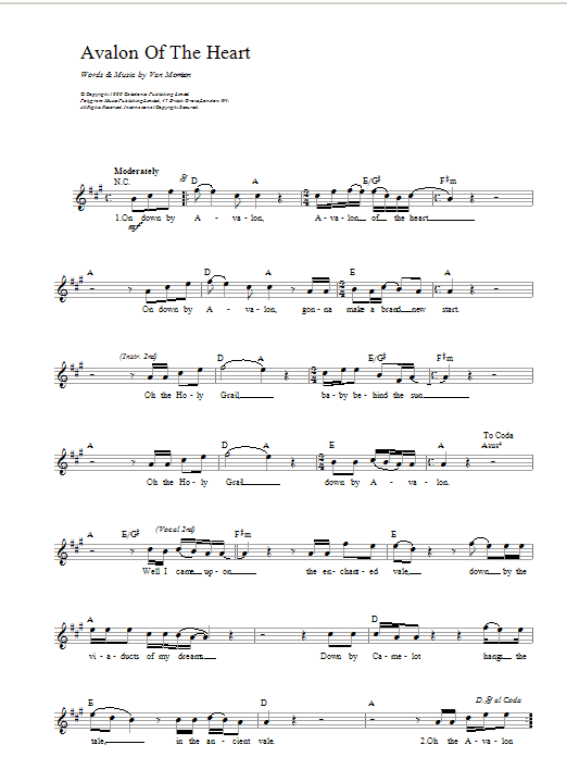 Van Morrison Avalon of The Heart Sheet Music Notes & Chords for Melody Line, Lyrics & Chords - Download or Print PDF