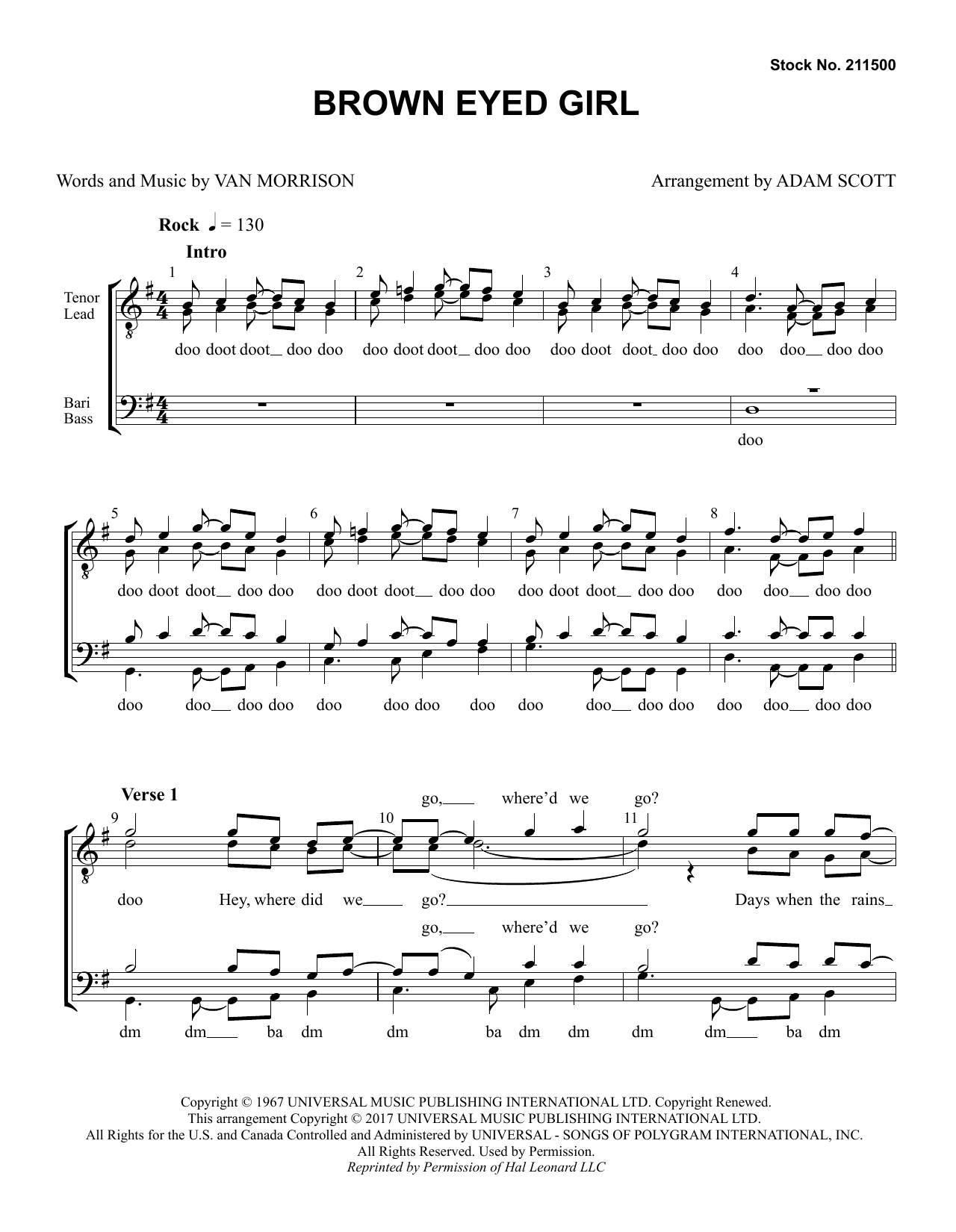 Van Morrison Brown Eyed Girl (arr. Adam Scott) Sheet Music Notes & Chords for TTBB Choir - Download or Print PDF
