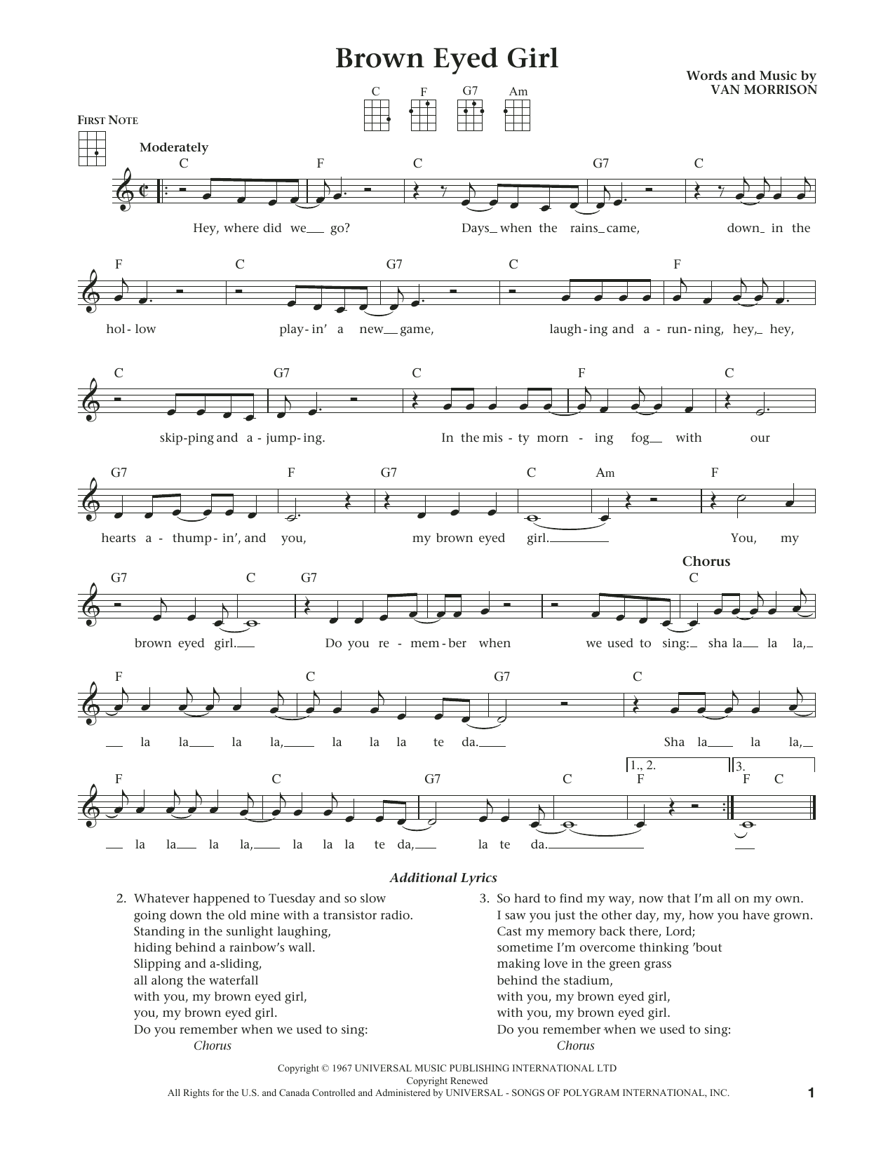 Van Morrison Brown Eyed Girl (from The Daily Ukulele) (arr. Liz and Jim Beloff) Sheet Music Notes & Chords for Ukulele - Download or Print PDF