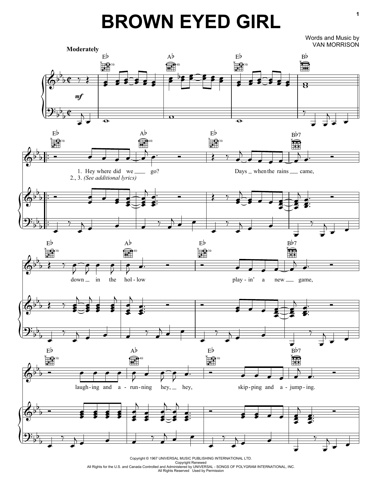 Van Morrison Brown Eyed Girl Sheet Music Notes & Chords for Piano, Vocal & Guitar (Right-Hand Melody) - Download or Print PDF