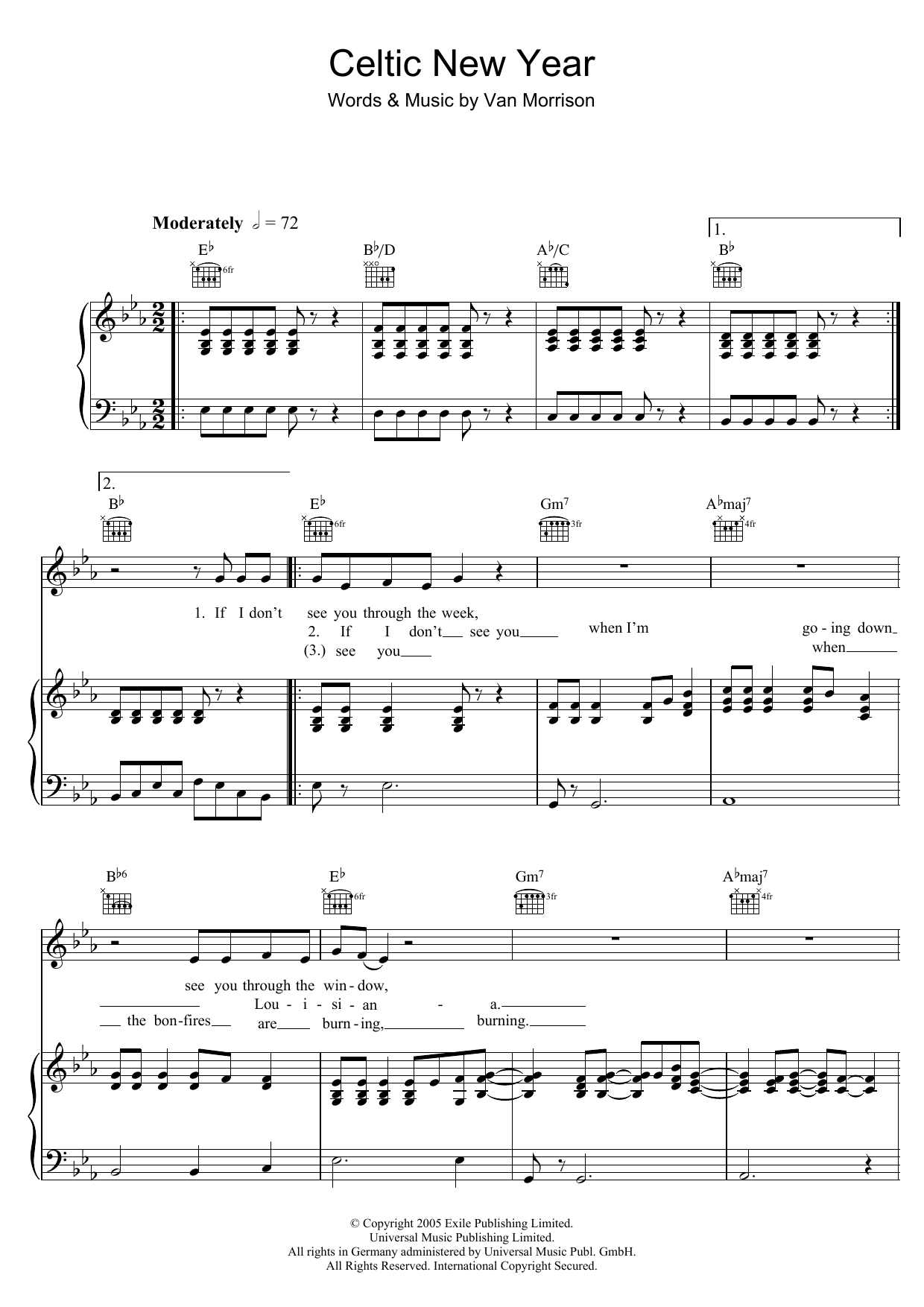 Van Morrison Celtic New Year Sheet Music Notes & Chords for Piano, Vocal & Guitar - Download or Print PDF