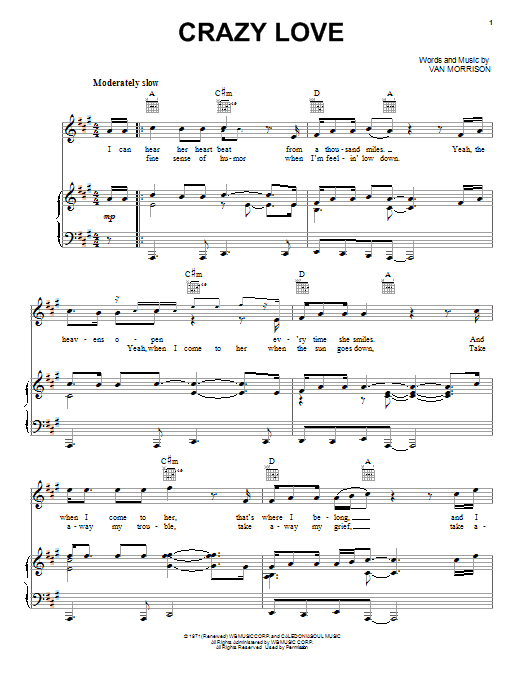 Van Morrison Crazy Love Sheet Music Notes & Chords for Piano, Vocal & Guitar (Right-Hand Melody) - Download or Print PDF