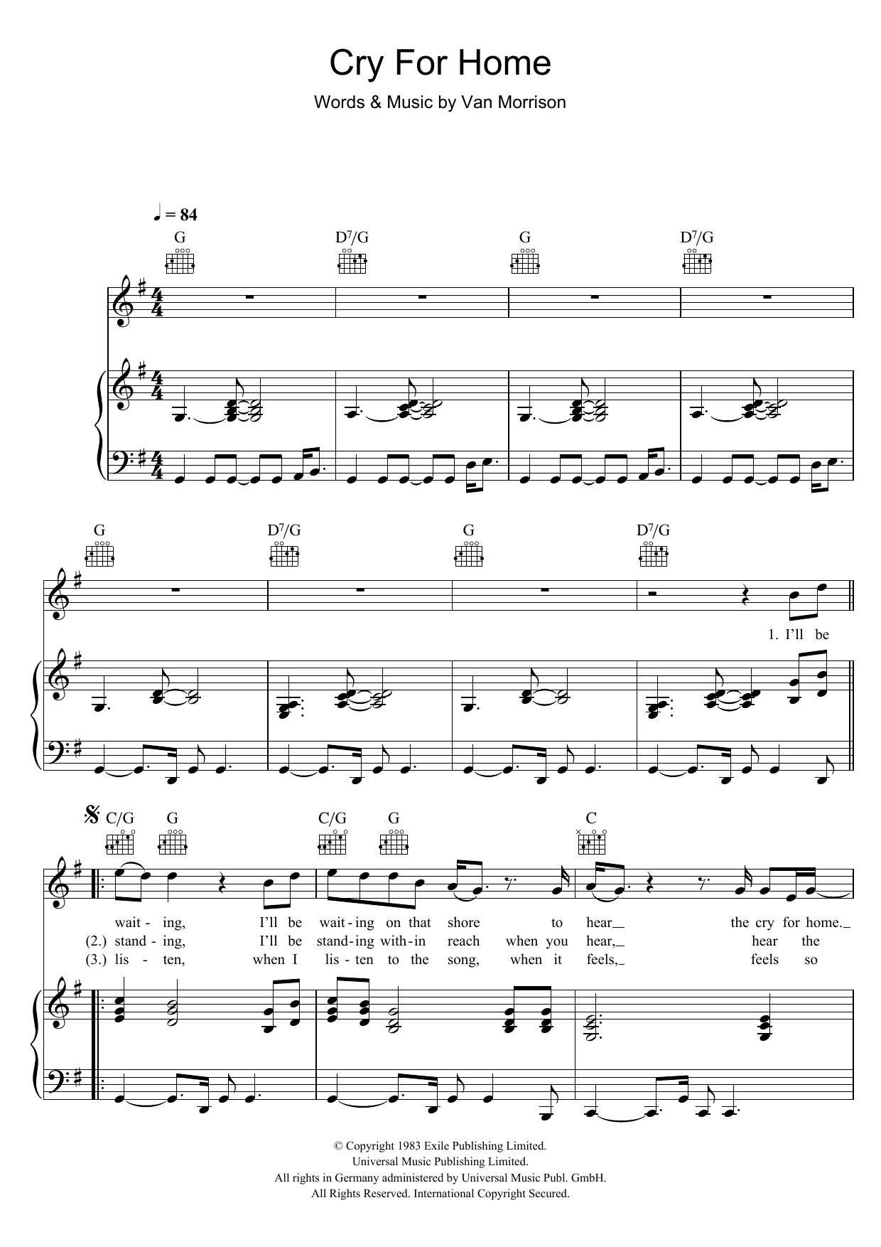 Van Morrison Cry For Home Sheet Music Notes & Chords for Piano, Vocal & Guitar - Download or Print PDF