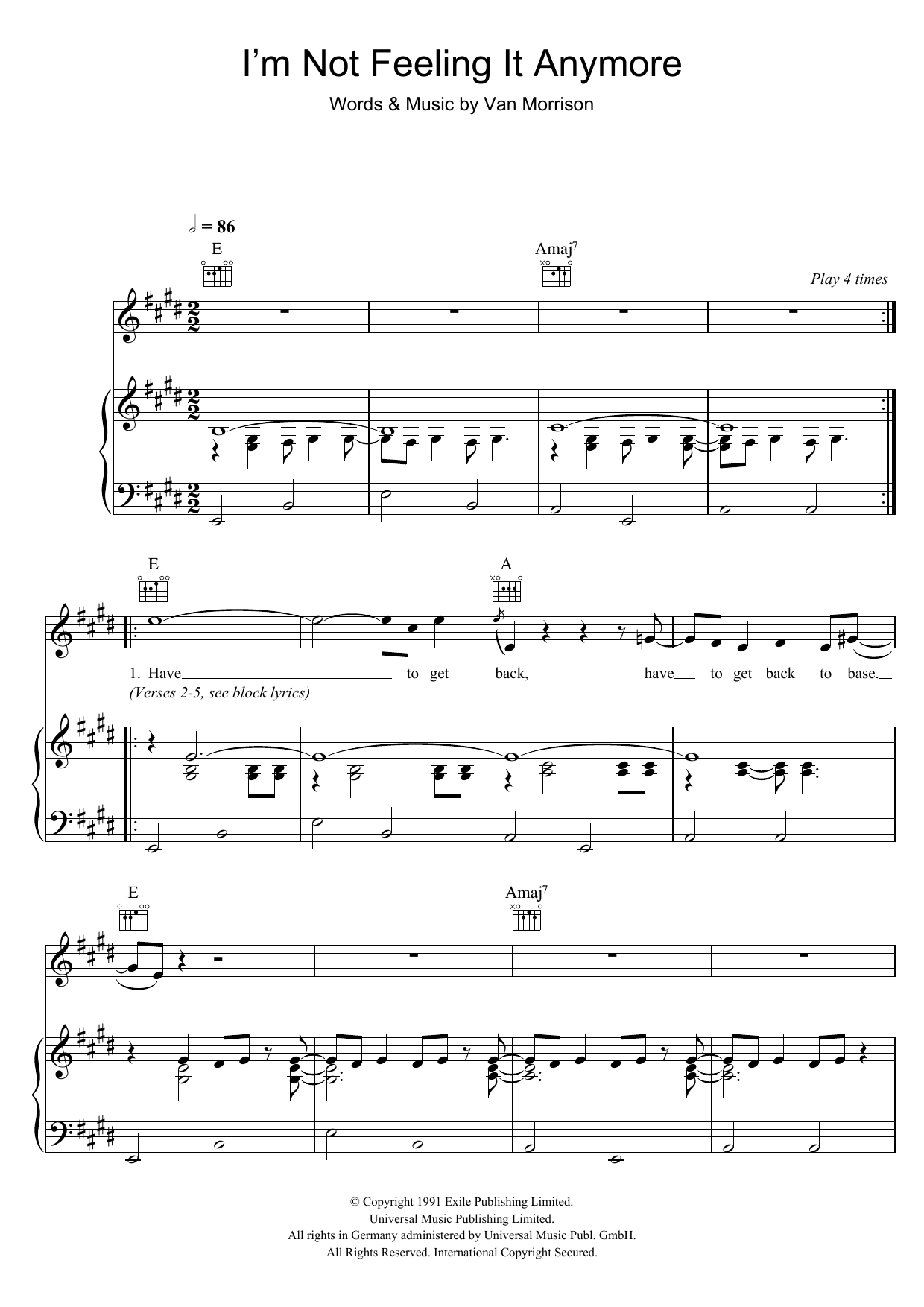 Van Morrison I'm Not Feeling It Anymore Sheet Music Notes & Chords for Piano, Vocal & Guitar - Download or Print PDF
