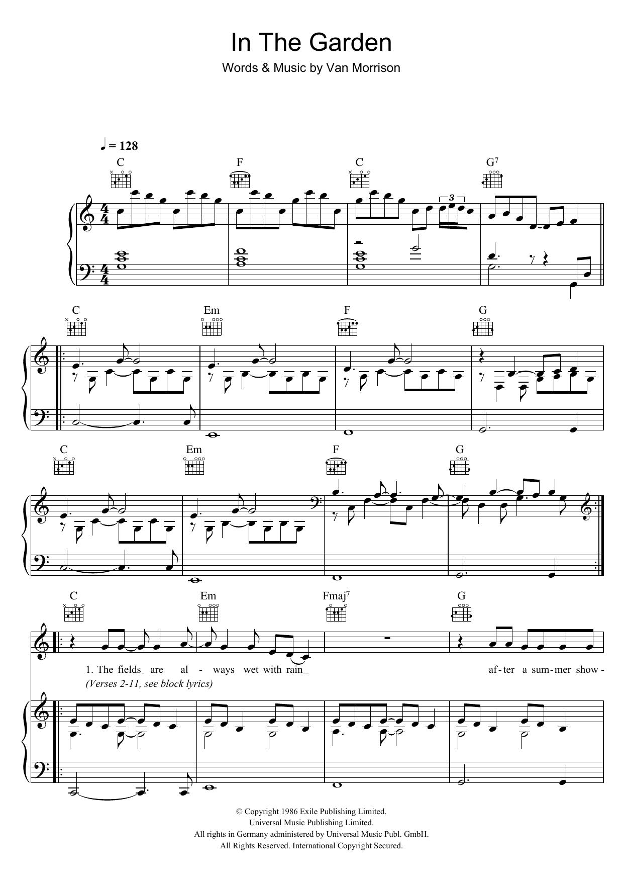 Van Morrison In The Garden Sheet Music Notes & Chords for Piano, Vocal & Guitar - Download or Print PDF