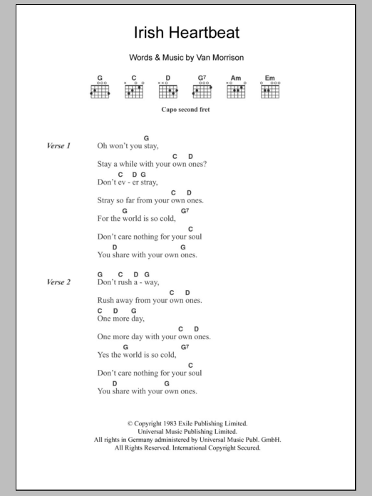 Van Morrison Irish Heartbeat Sheet Music Notes & Chords for Lyrics & Chords - Download or Print PDF