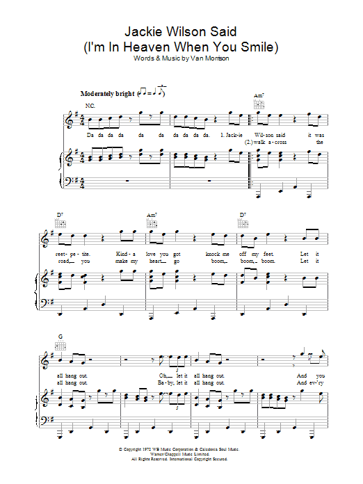 Van Morrison Jackie Wilson Said (I'm In Heaven When You Smile) Sheet Music Notes & Chords for Piano, Vocal & Guitar (Right-Hand Melody) - Download or Print PDF