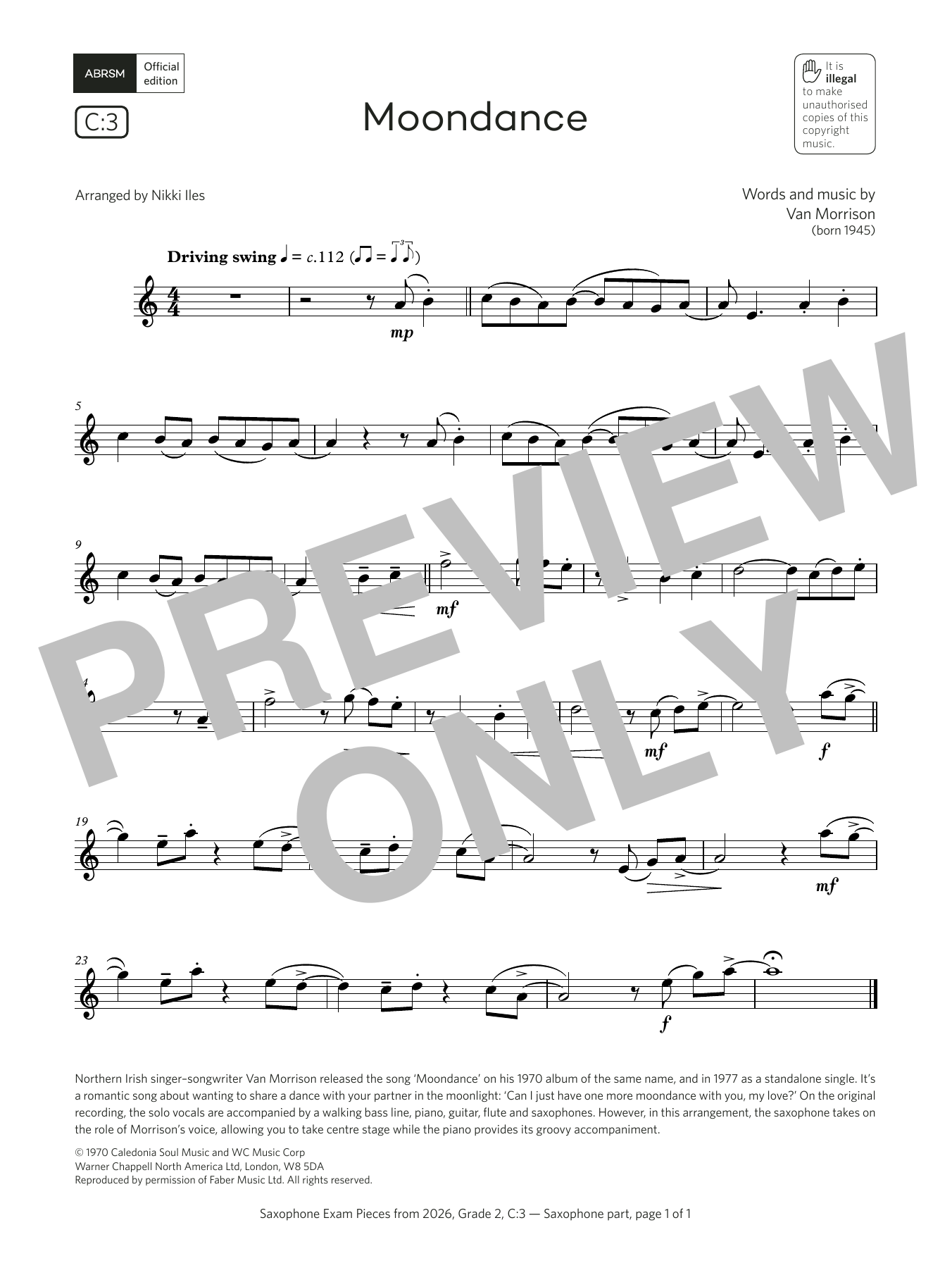 Van Morrison Moondance (Grade 2, list C3, from the ABRSM Saxophone Syllabus from 2026) Sheet Music Notes & Chords for Alto Sax Solo - Download or Print PDF Van Morrison Moondance (Grade 2, list C3, from the ABRSM Saxophone Syllabus from 2026) Sheet Music Notes & Chords for Alto Sax Solo - Download or Print PDF
