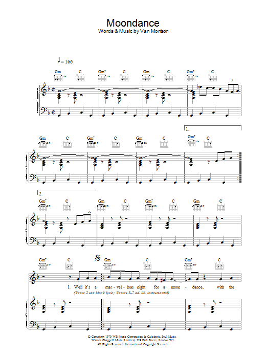 Van Morrison Moondance Sheet Music Notes & Chords for Bass Voice - Download or Print PDF