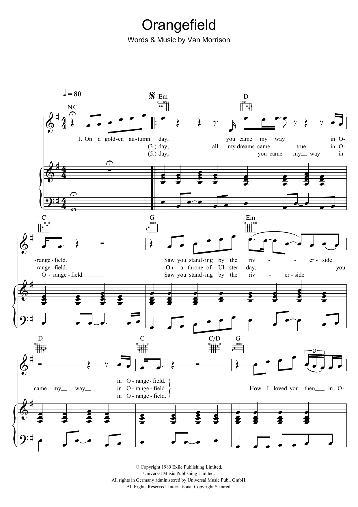 Van Morrison Orangefield Sheet Music Notes & Chords for Piano, Vocal & Guitar - Download or Print PDF
